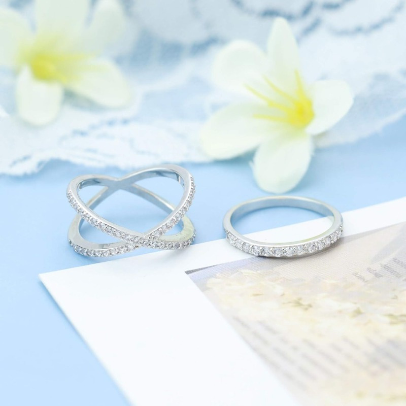 4pcs V Chevron X CZ Criss Cross Stackable Wedding Ring Set